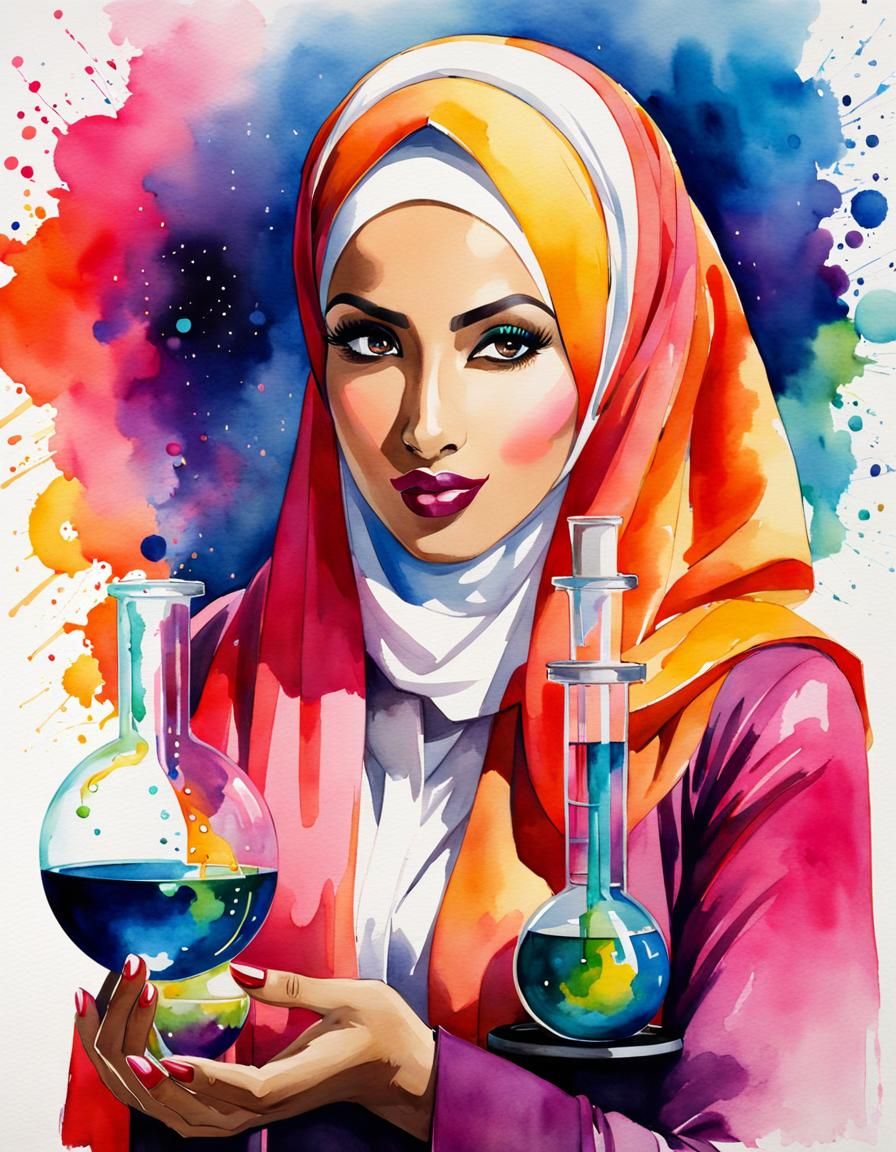 Hijabi Woman in Mad Scientist Lab, Watercolor Style