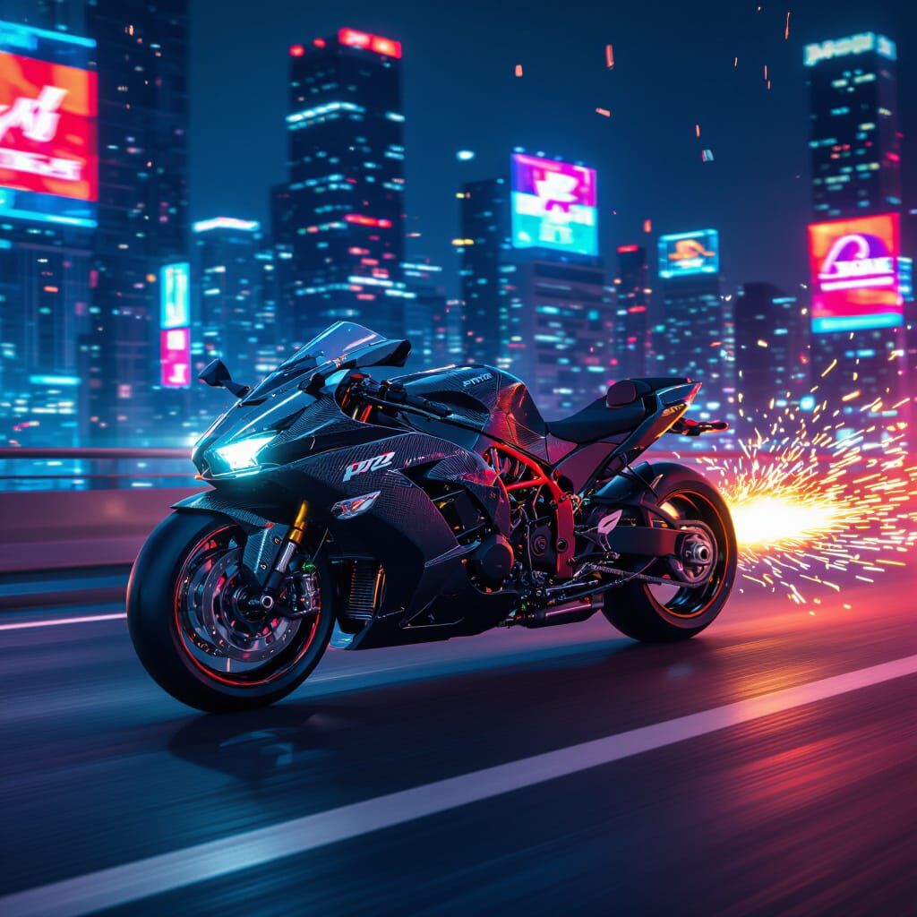 Kawasaki Ninja H2R Speeds Down Neon Highway at Night