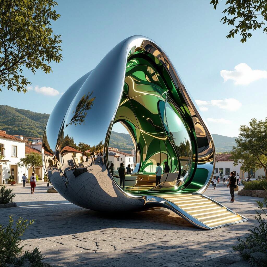Futuristic Chrome Selling Pod in Rural Town