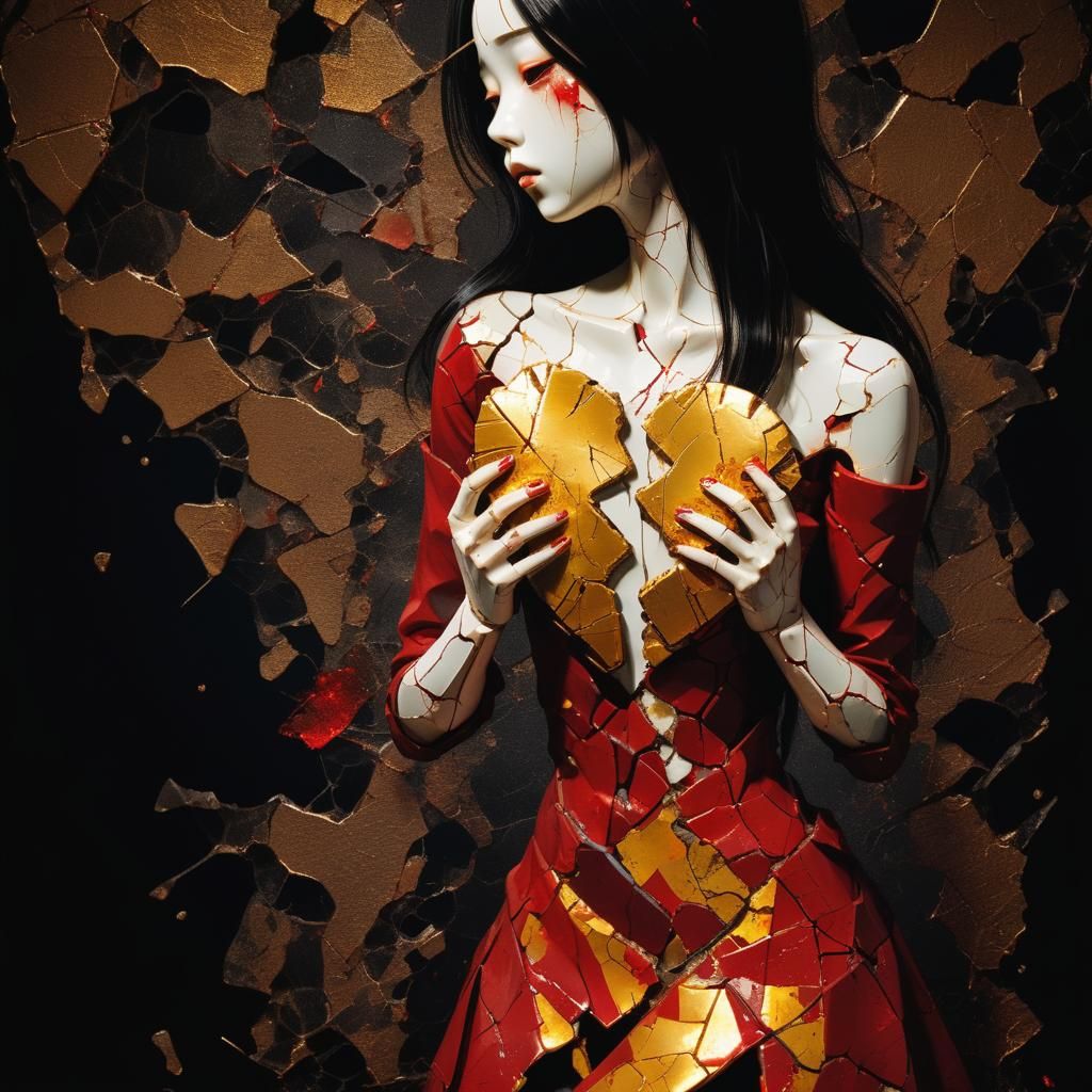 Kintsugi Heart: Golden Fractures in Chiaroscuro Lighting