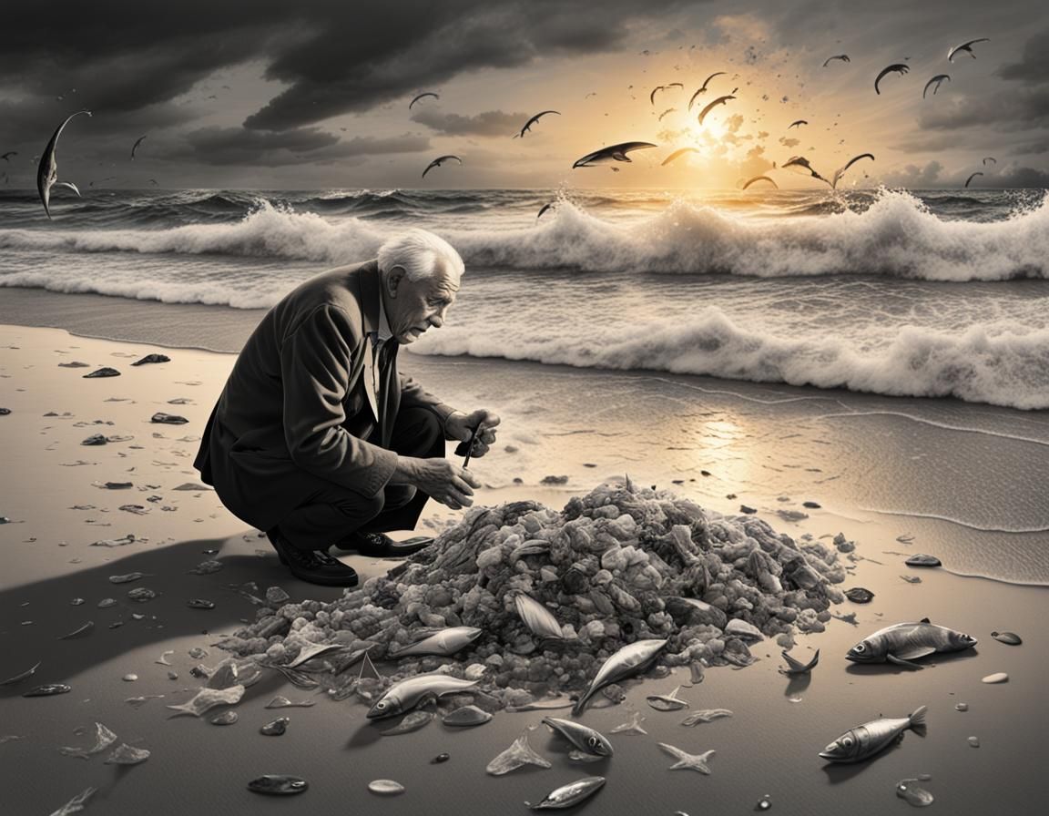 Black and White Beach Scene with Colorful Trash