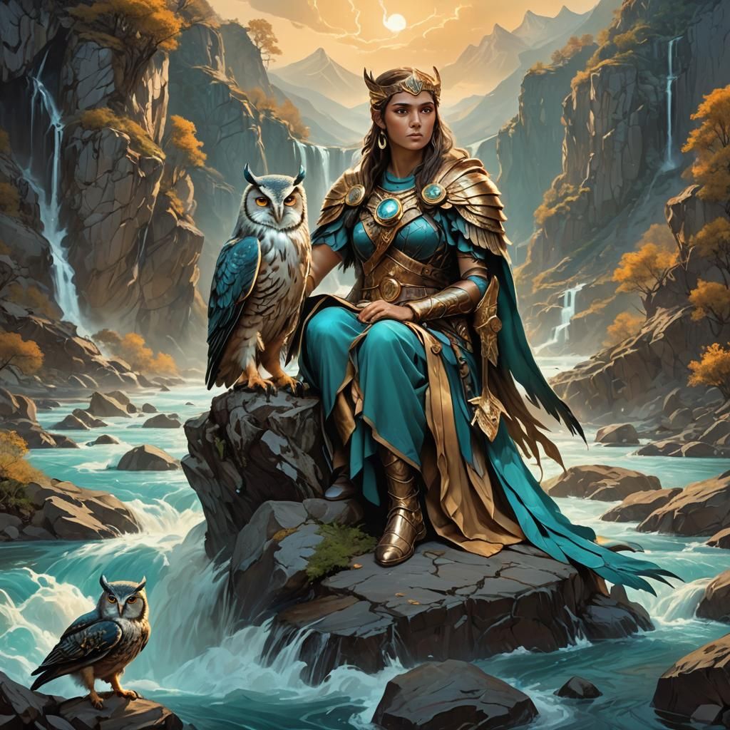 Highly detailed, hyper realistic, portrait of Athena, holdin...