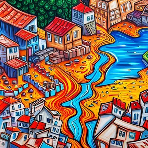 Medieval Villages in Open Field: Graffiti Art Style