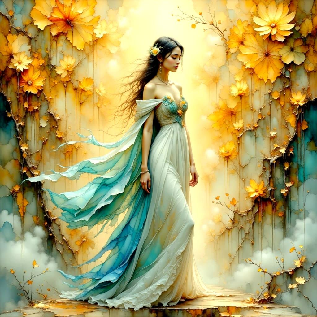 Abstract Crinkled Metallics in White, Blue and Gold