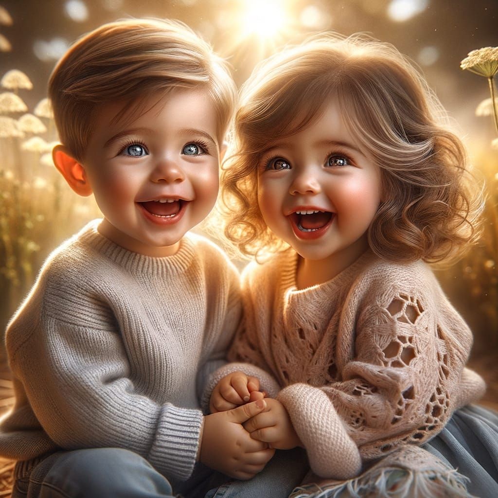 A hyperrealistic photograph of two adorable toddler siblings