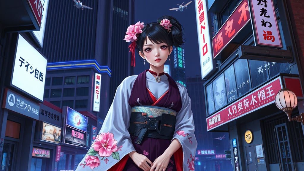 Futuristic Geisha in Neon Tokyo Alleyway