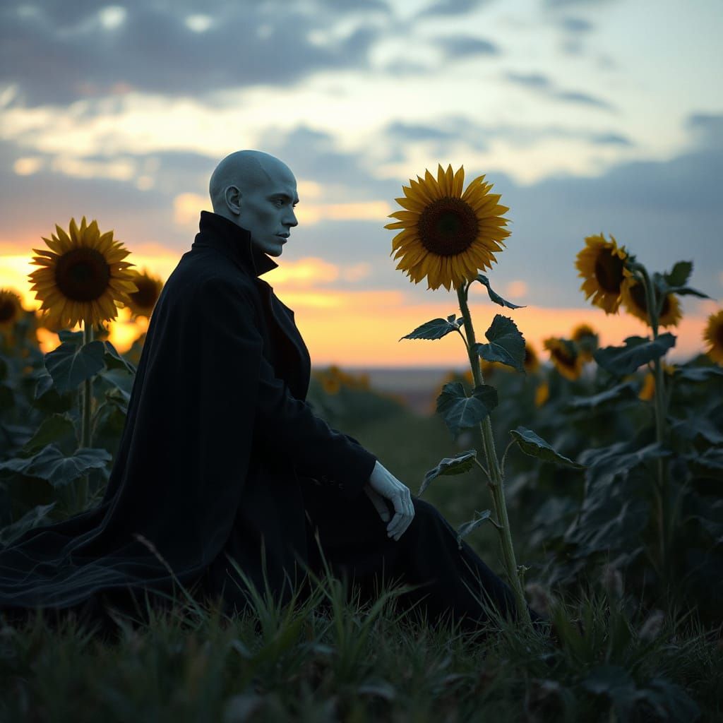 Vampire Amongst Sunflowers in Twilight Glow