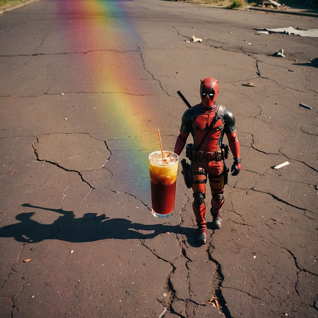 Deadpool Walks on a Rainbow: Cinematic Film Still