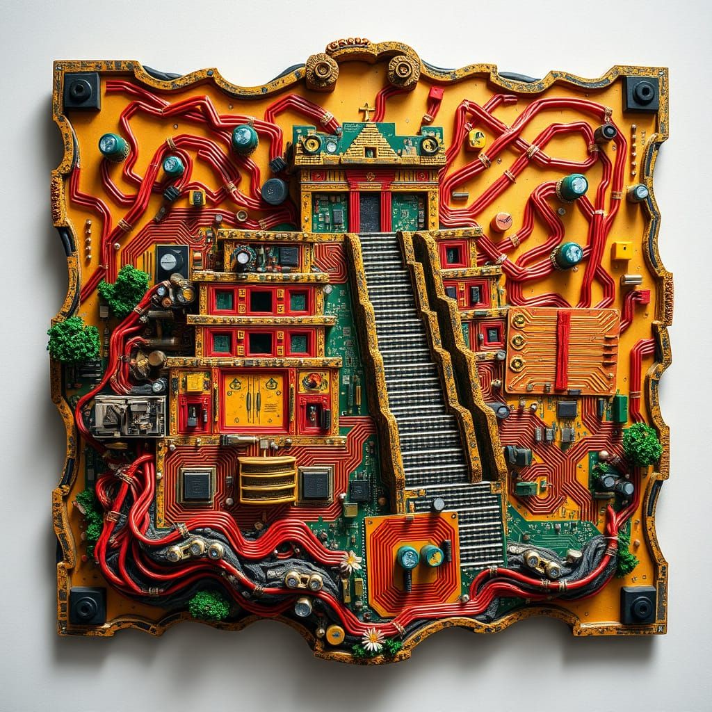 Mayan Ruins Reimagined in Neon Circuitry
