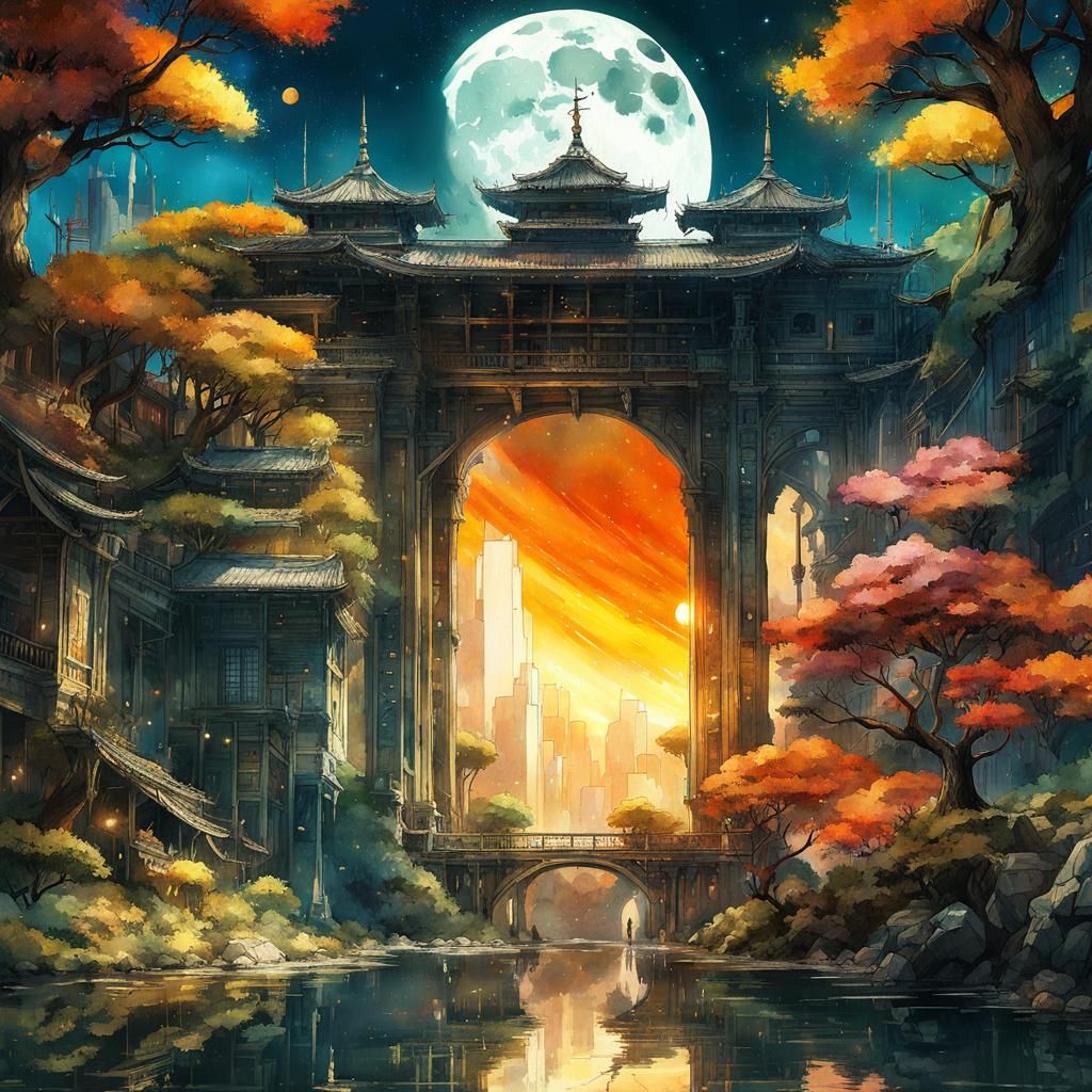 Epic Anime Landscape with Spiral Architecture and Moon