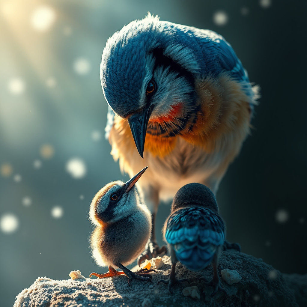Bluejay Feeding Young: Dramatic Digital Matte Painting