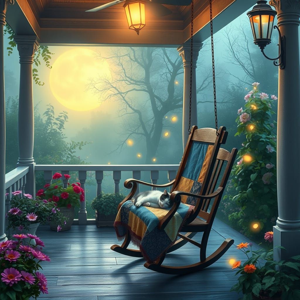 Moonlit Veranda with Cat in Dreamy Lighting