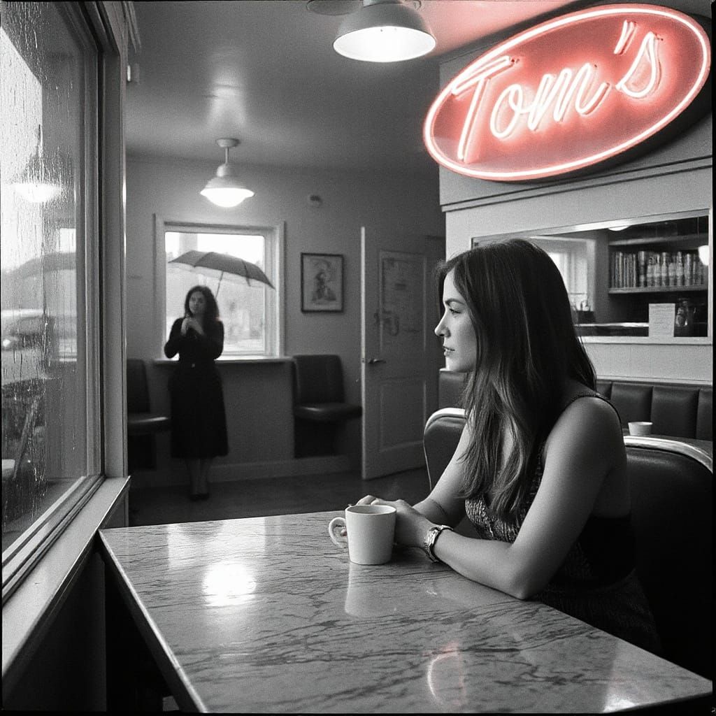 Morning Diner Scene in 1980s Film Noir Style