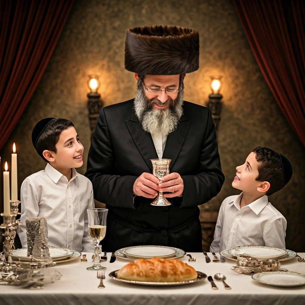 Ultra-Orthodox Father Surrounded by Family in Joyful Shabbat...