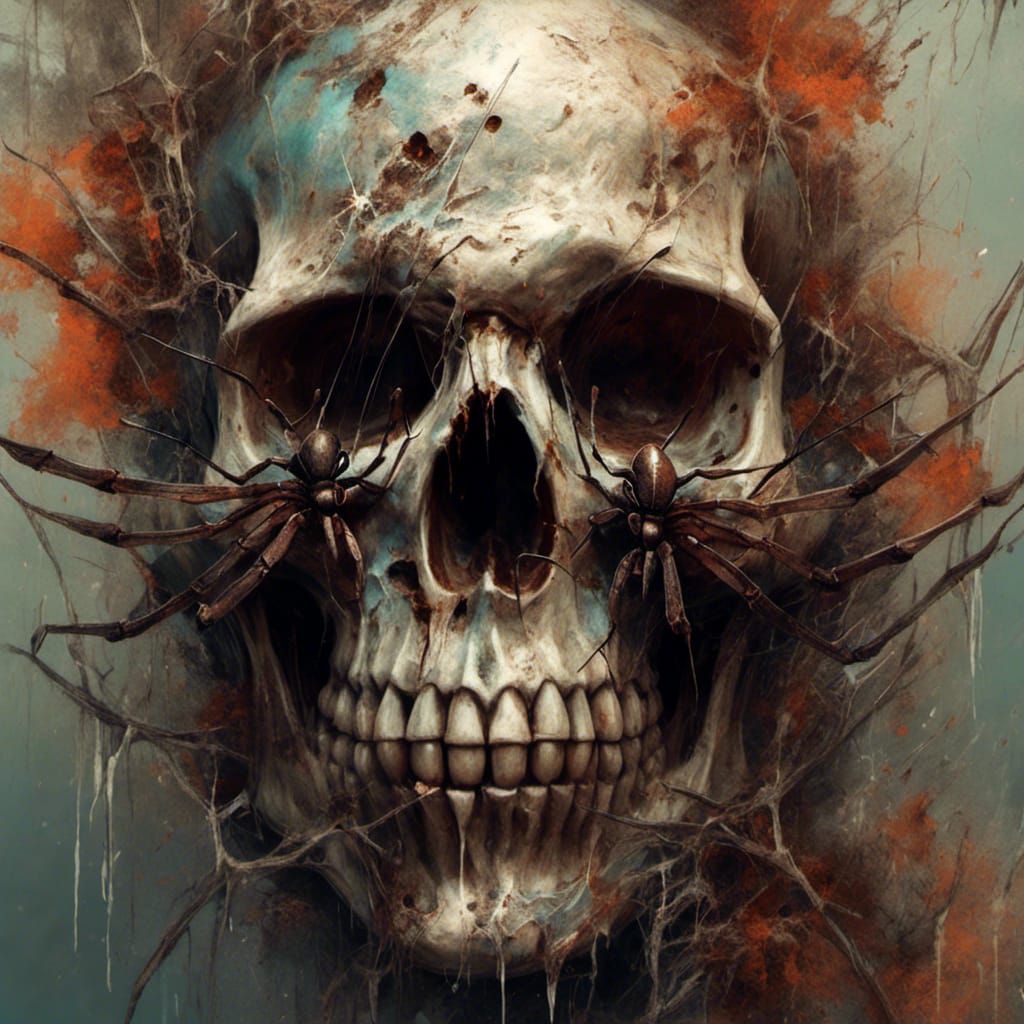 Creepy Skull with Spiders, Hyperrealistic Concept Art