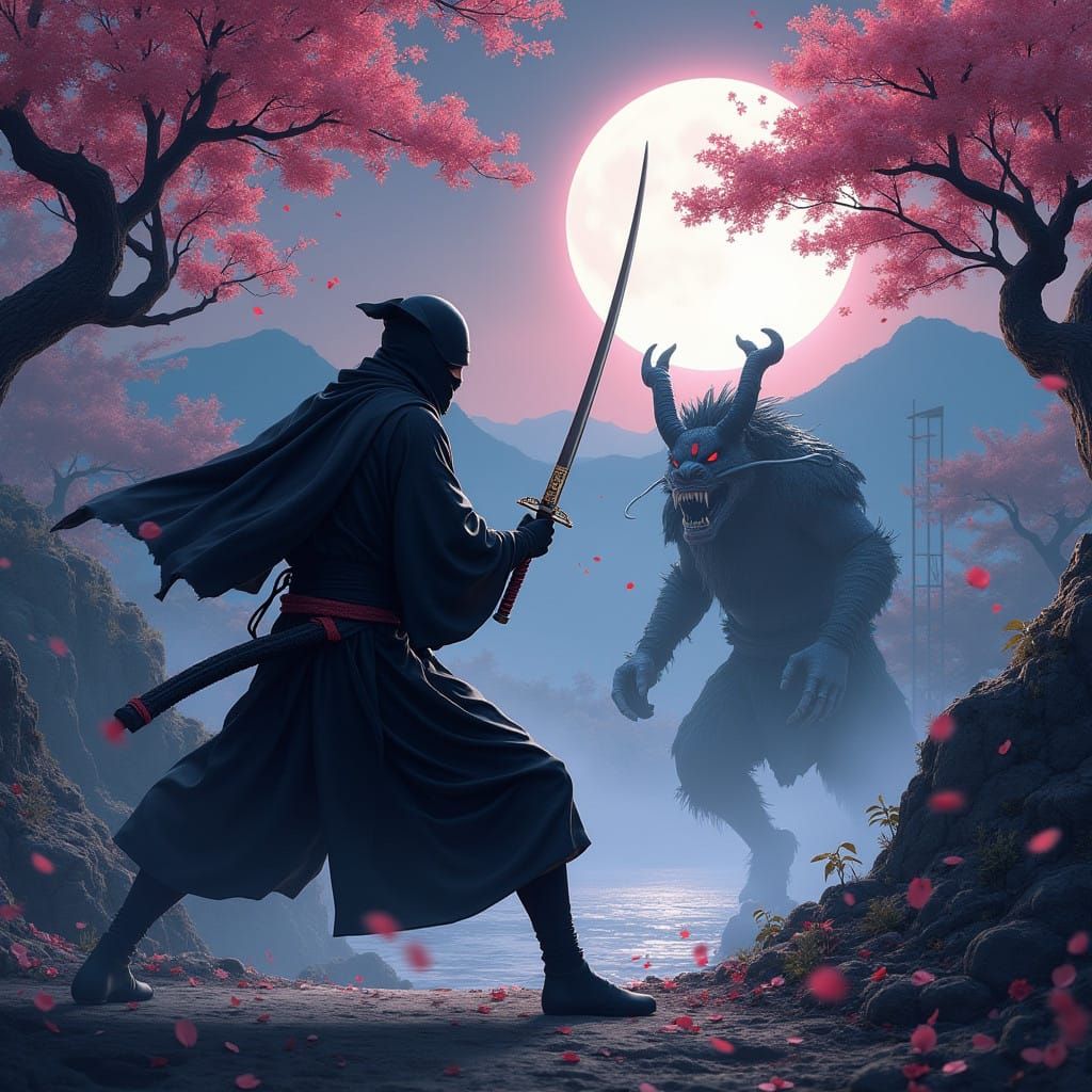 Mysterious Ninja Battles Oni Samurai in Haunting Japanese La...