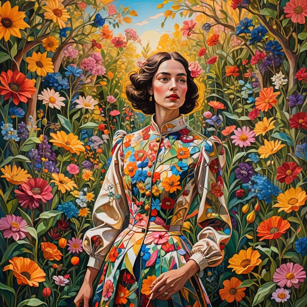 Woman in Flower Garden, Surrealist Mixed Media Art