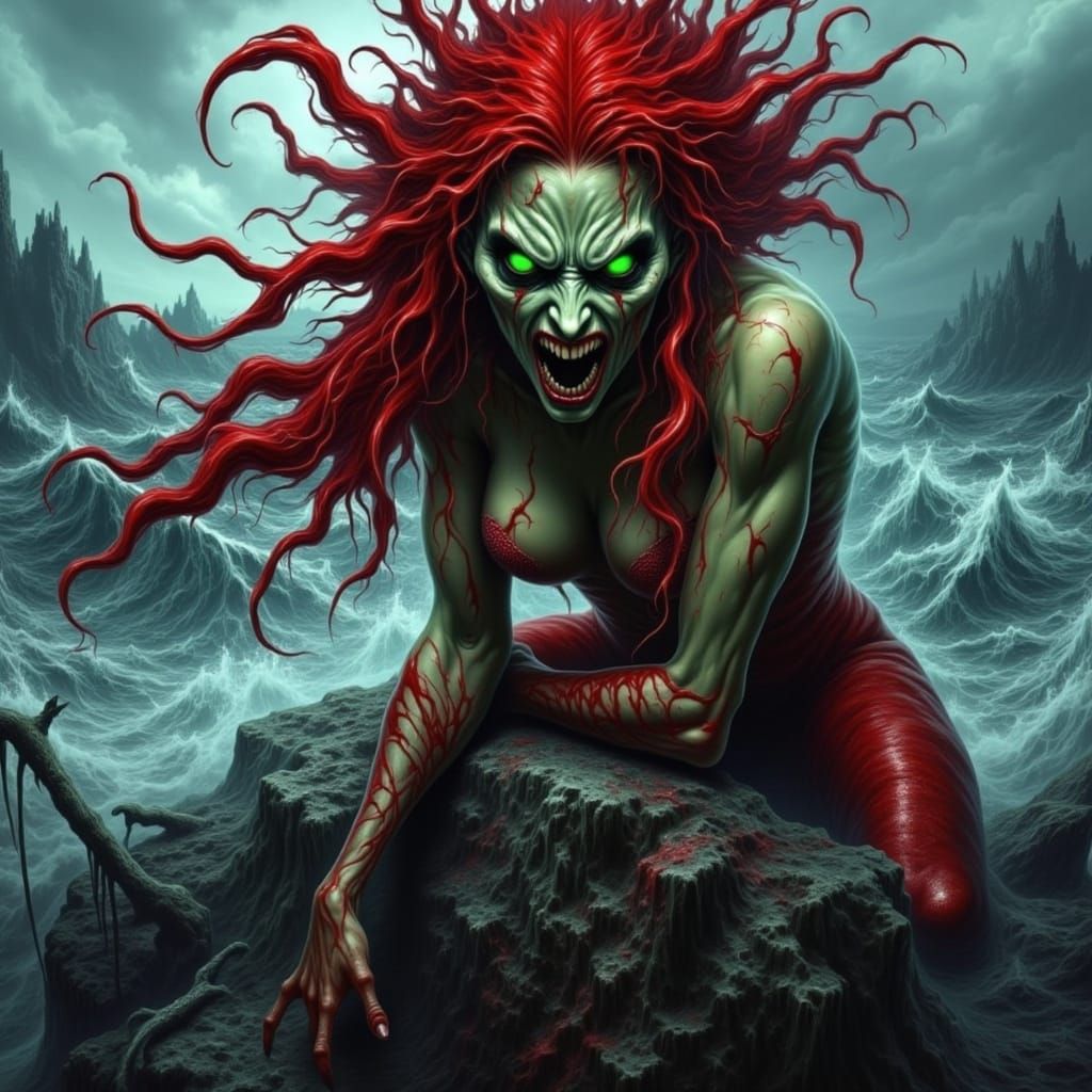 Furious Siren with Glowing Green Eyes on Stormy Ocean Boulde...