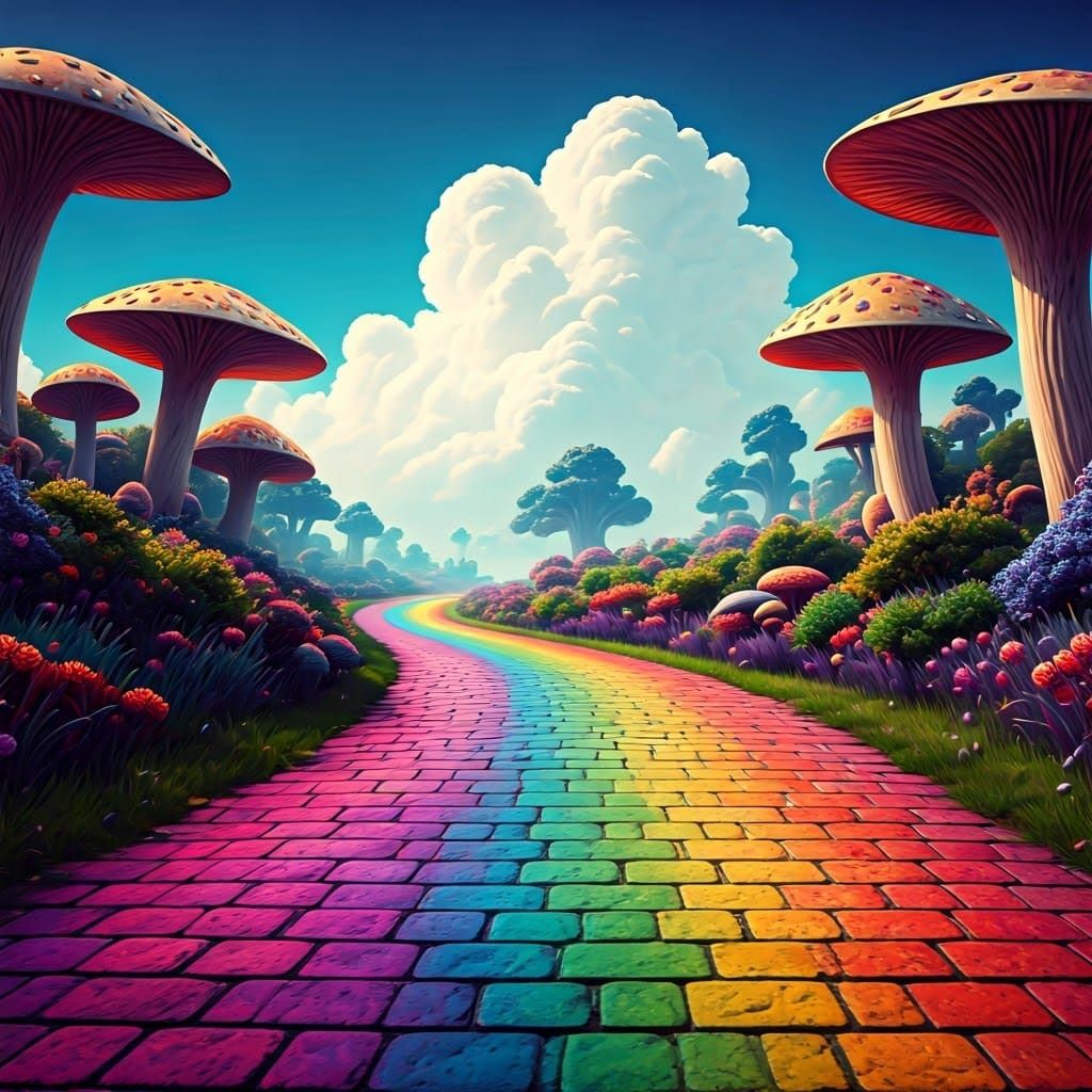 Rainbow Brick Road in Dreamlike Landscape, Matte Painting