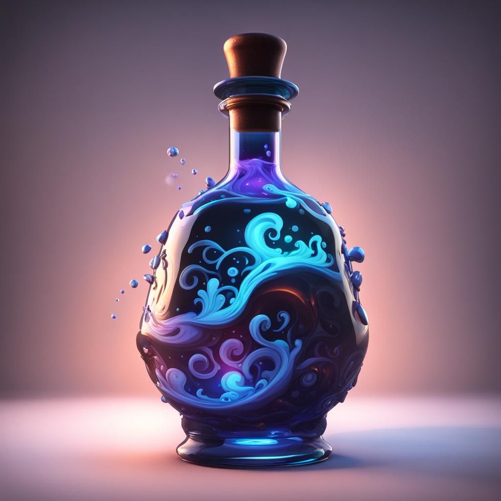 "Swirling glowing ink in a potion bottle"