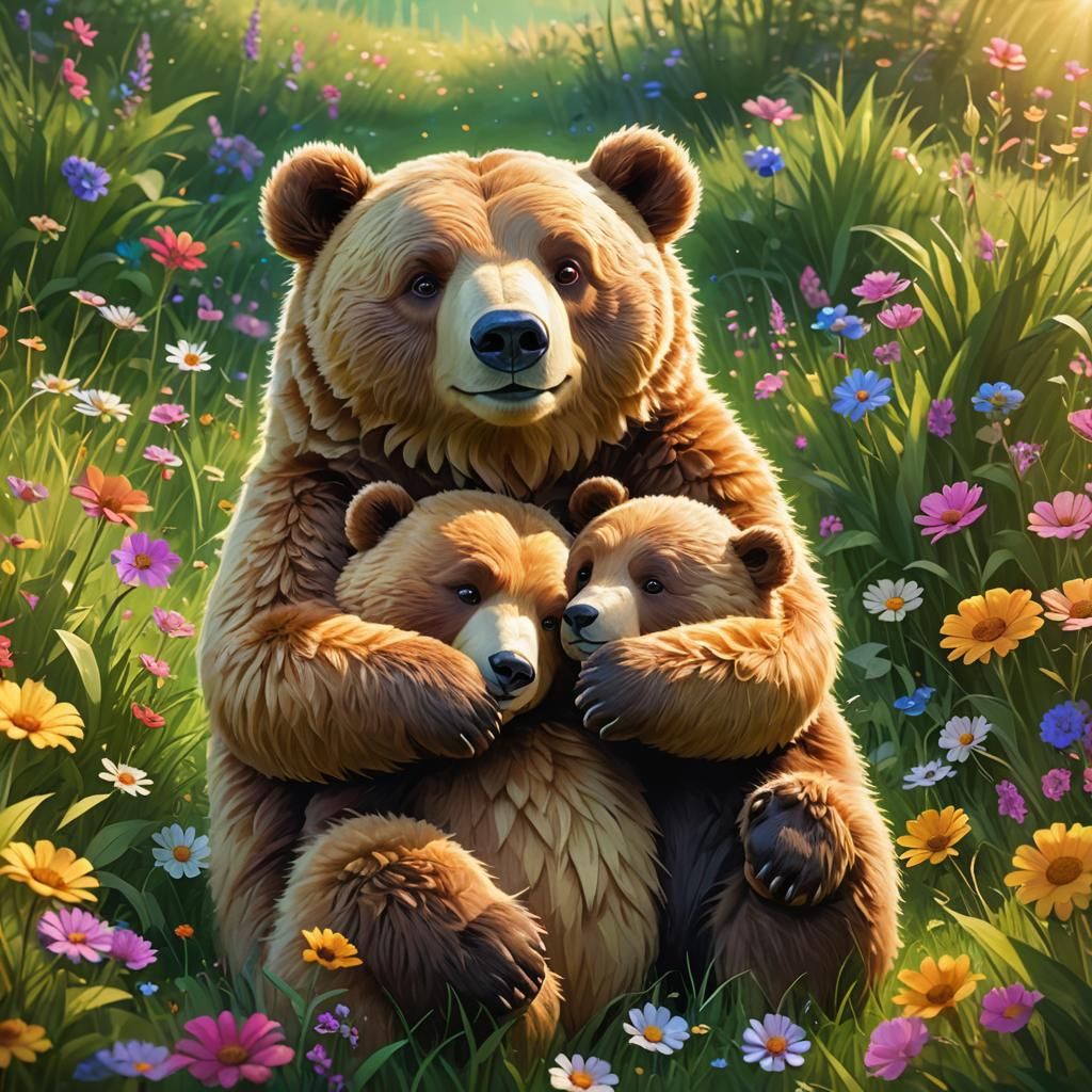 Care Bears Hug in Sunny Meadow, 3D Digital Art