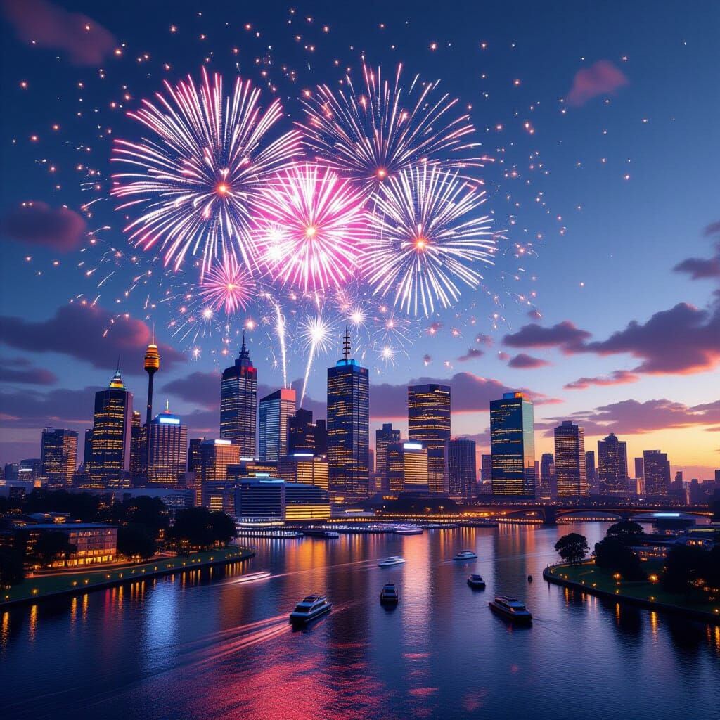 Sydney Skyline Fireworks in 3D Game Style
