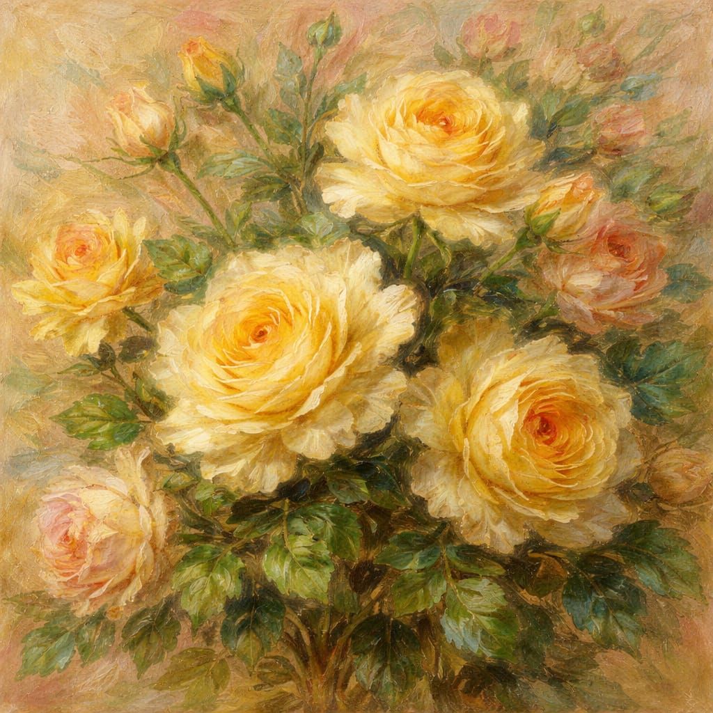 Finely Detailed Yellow Roses in Soft Pastel Style