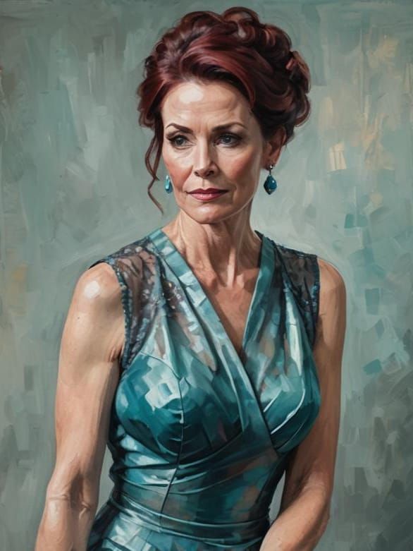 Elegant Woman in Turquoise Gown: Impressionistic Oil Portrai...