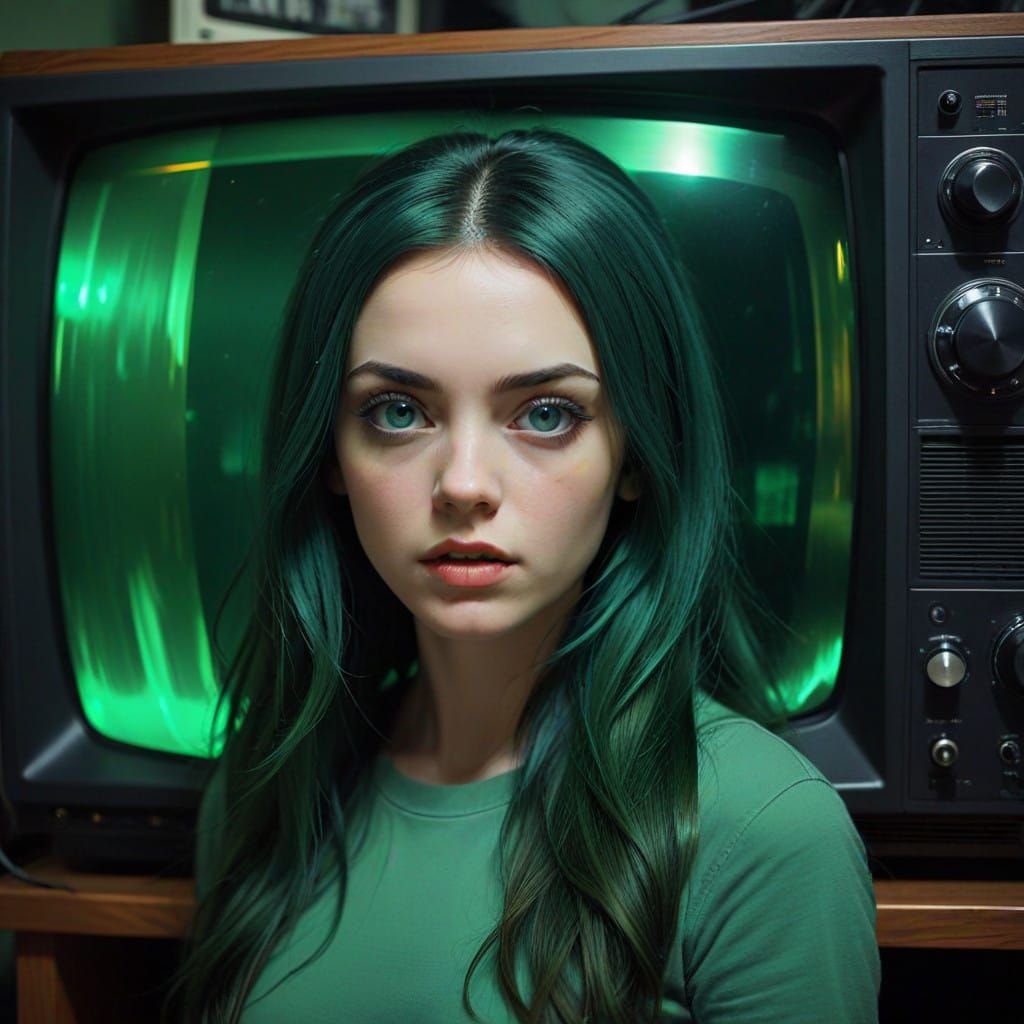 Girl Emerging from TV in Glitchpunk Horror Style
