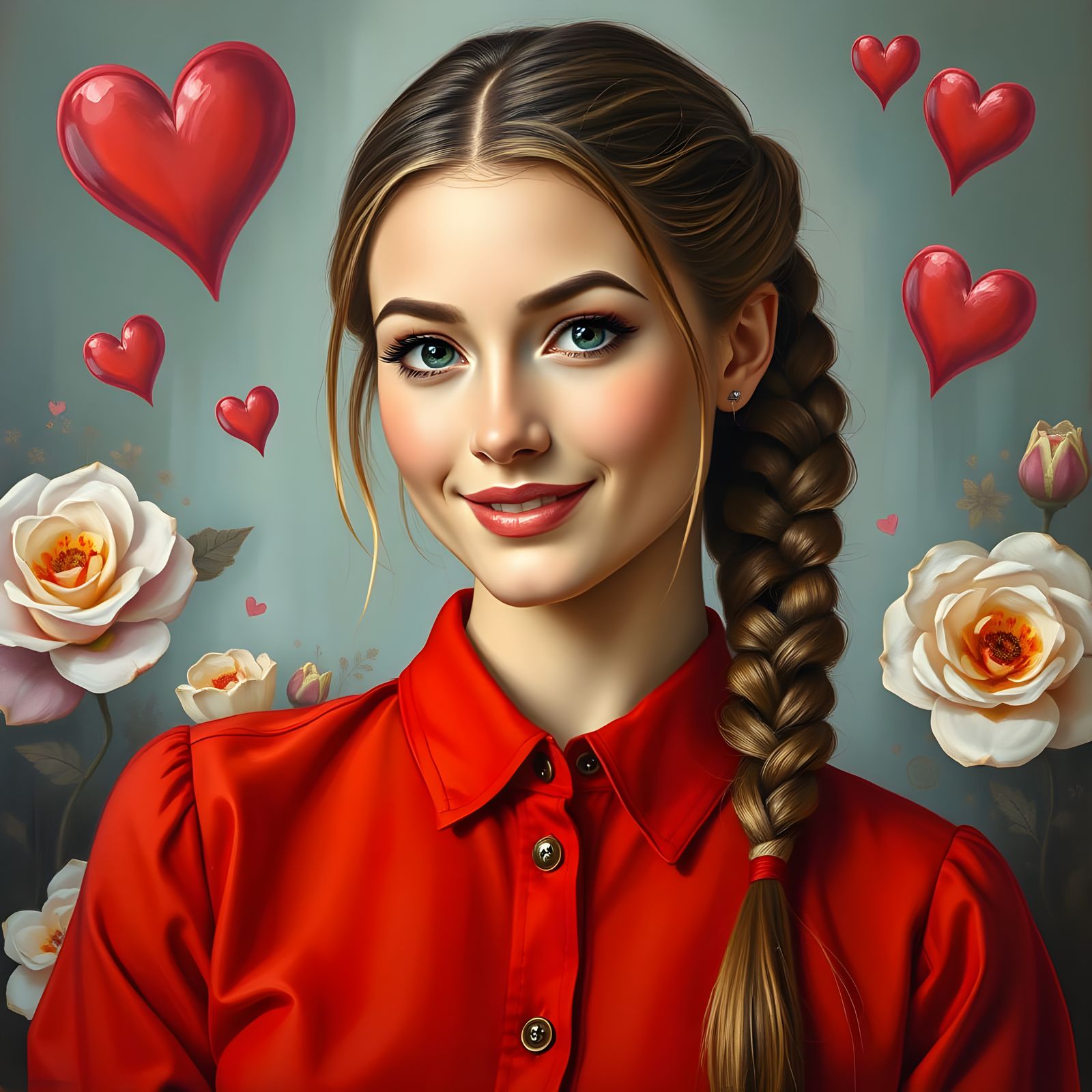 Beautiful Woman with Braid in Oil Painting Style