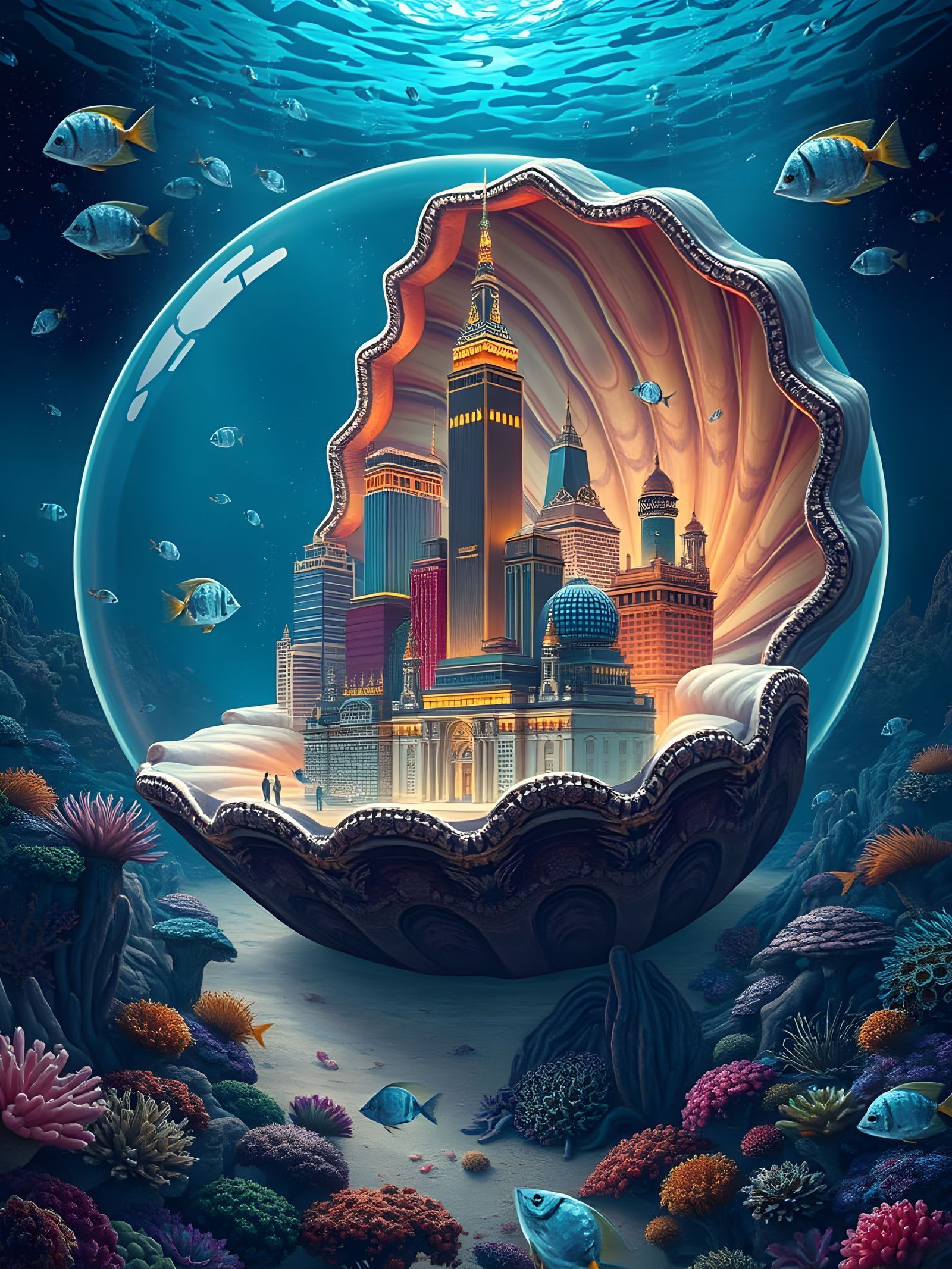 Underwater City Inside Clam Shell, Hyperrealistic Style