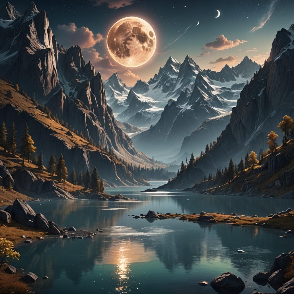 Moonlit Mountains and Lake: Fantasy Concept Art