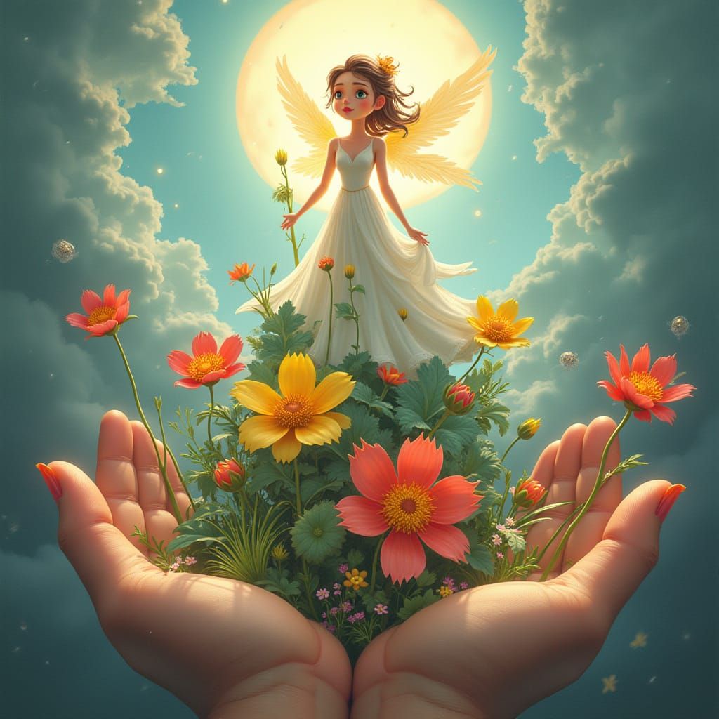 Vibrant Planet Emerges from Divine Hands in Whimsical 3D Sty...