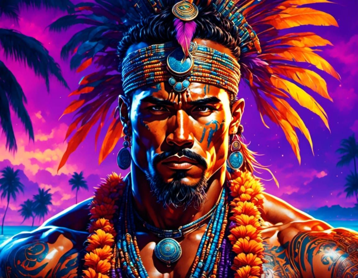 Seductive Polynesian Man in Watercolor Style