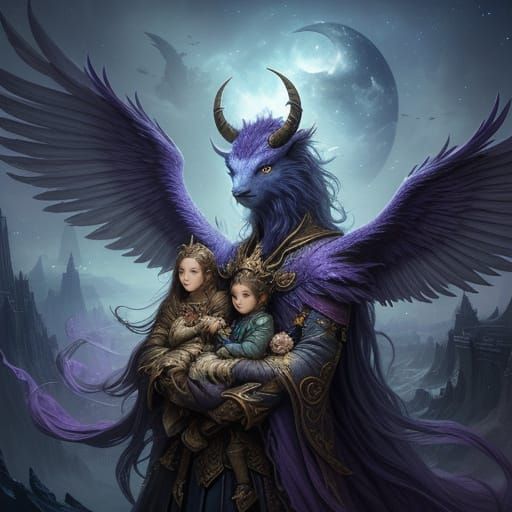 Envision a colossal, horned sky beast, its wings spanning the width of the horizon, gently cradling a group of orphaned ...
