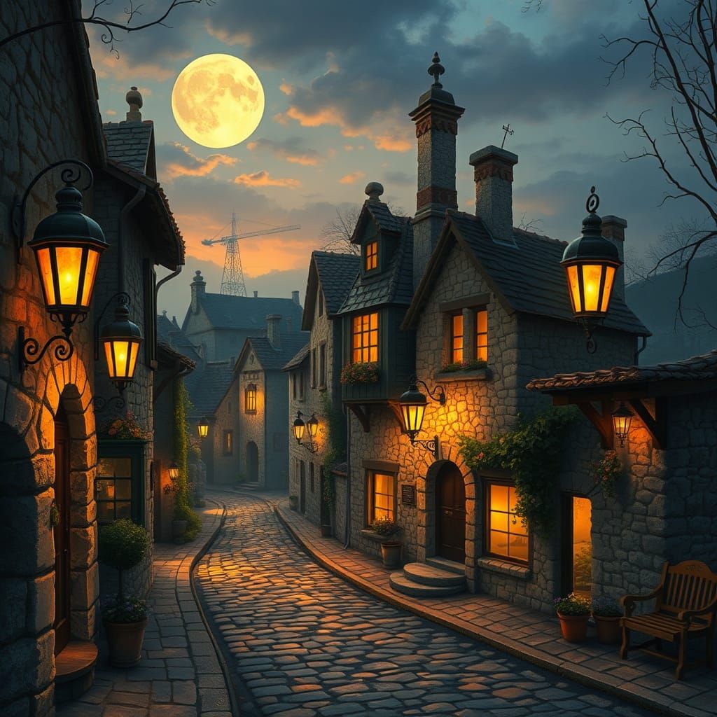 Enchanting Village Scene at Dusk in Whimsical Style