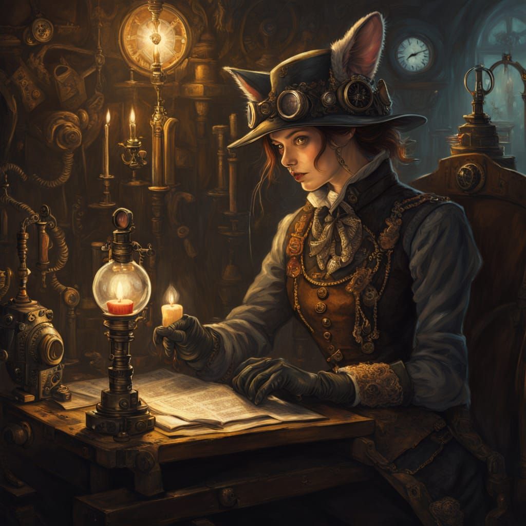 Steampunk Woman with Cat in Moody Candlelit Scene
