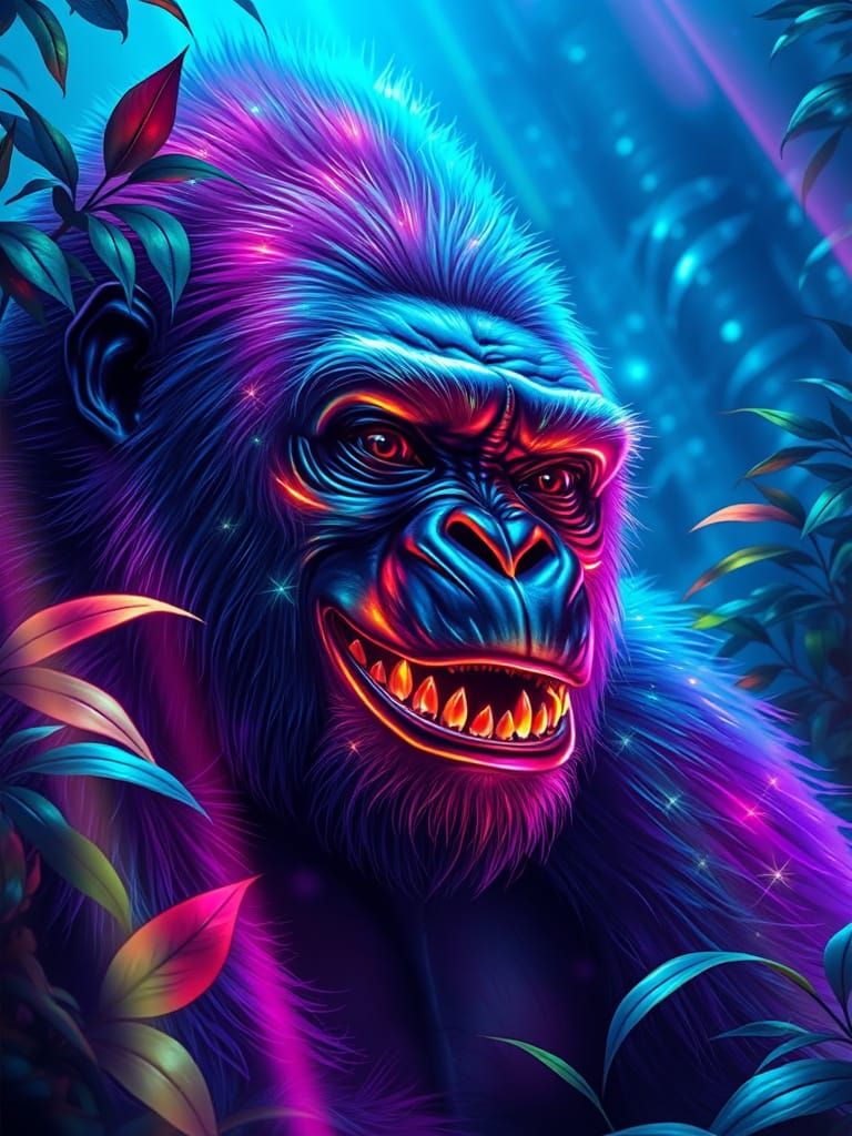 Radiant Stained-Glass Gorilla in Crystalline Jungle