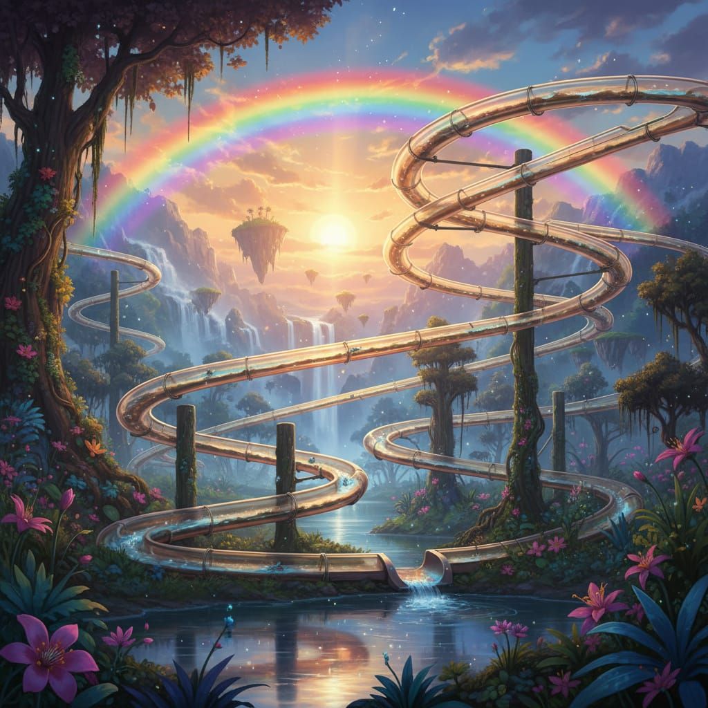 Rainbow Water Slide at Sundown in Fantastical Landscape