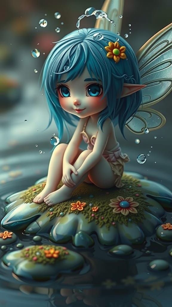 Waterproof Fairy Sits Serenely in Splashing Water, Her Blue ...