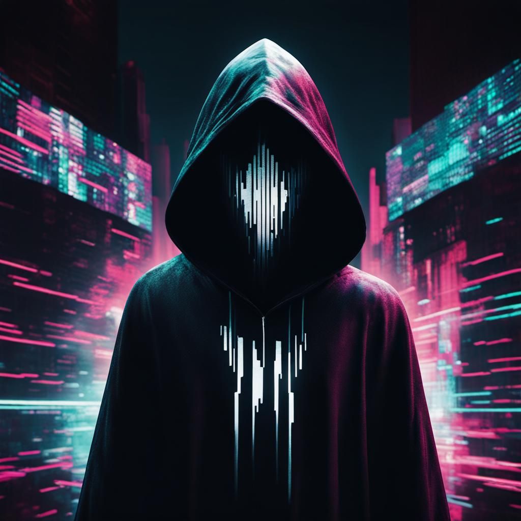 Hooded Figure with Digital Glitch in Surreal Style