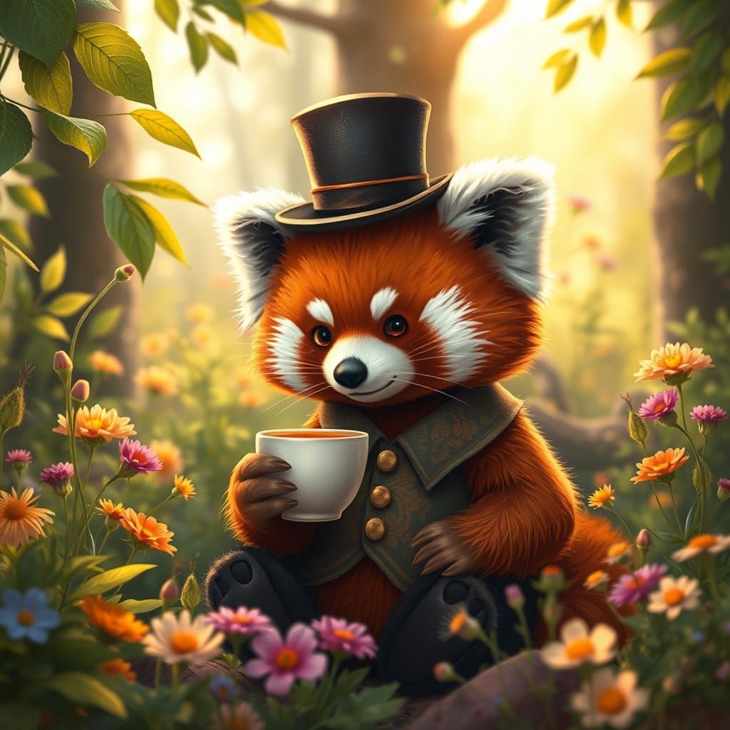 Red Panda Tea Party in Beatrix Potter Style