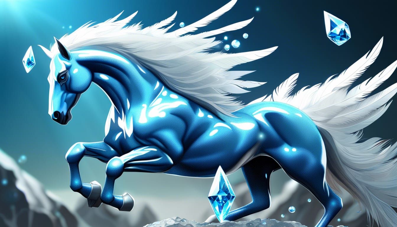 A Majestic white Diamond horse descending!!! blue diamond feathers!!! Blue eyes!!!! Beautifully designed art, ultra qual...