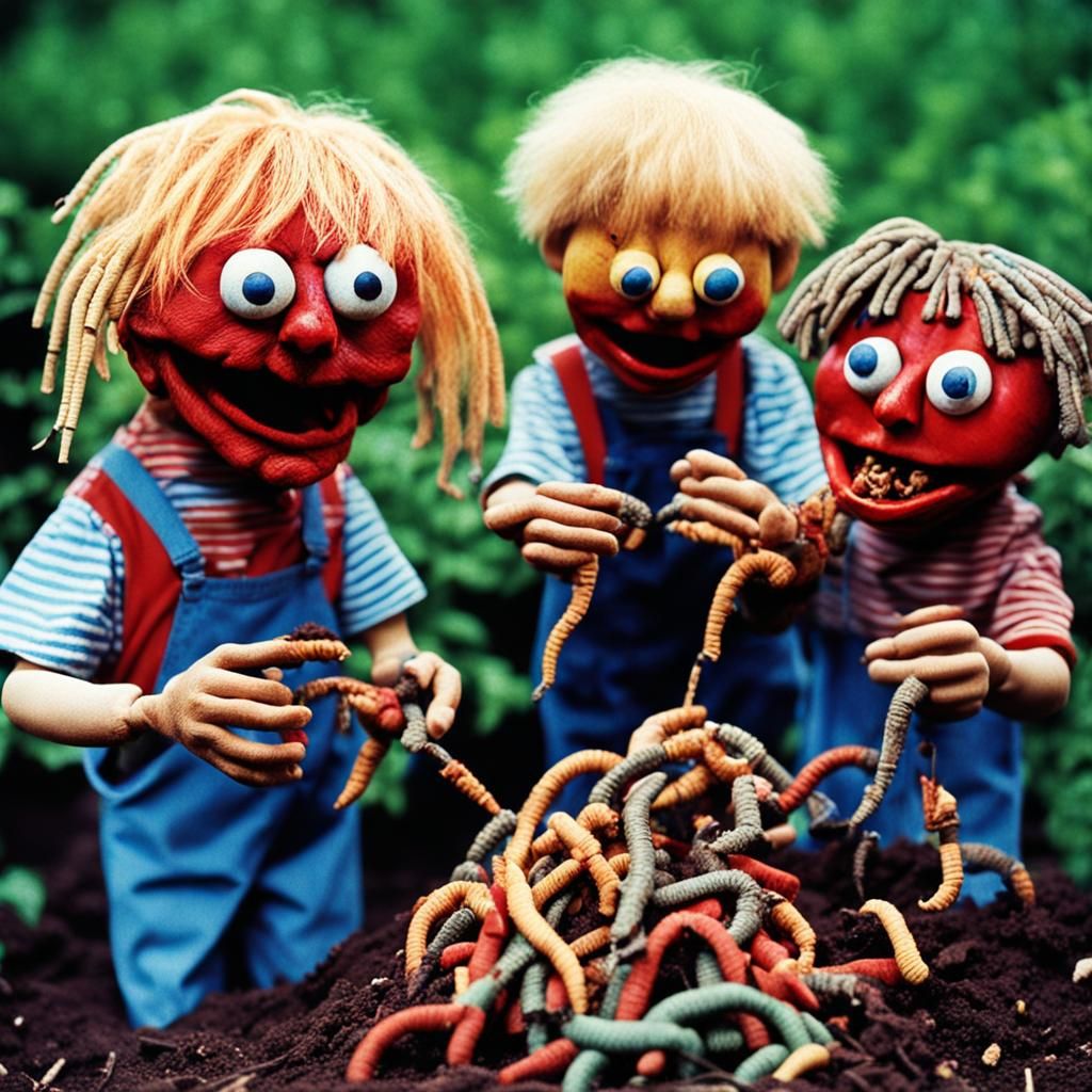 Creepy Puppets Feast on Worms in Garden