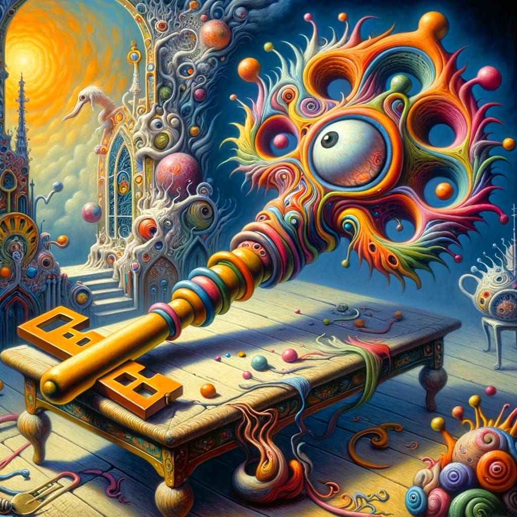 Surreal Key in Hieronymus Bosch's Style on a Table