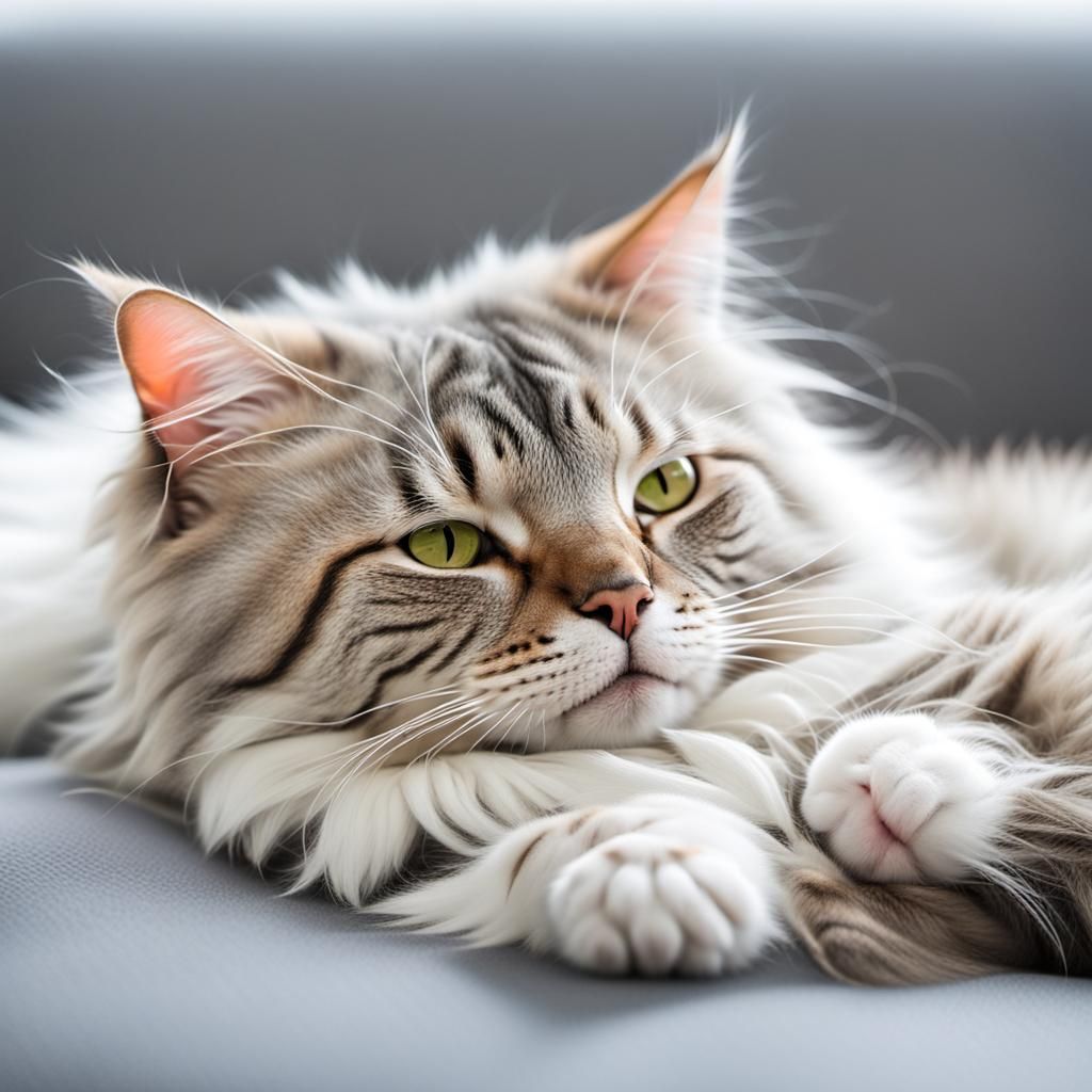Angora Tabby Cat Napping on Modern Couch