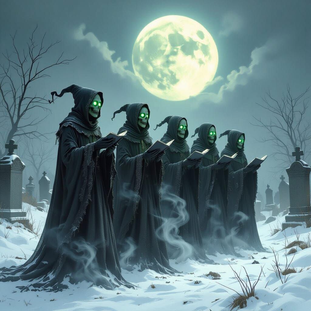 Skeletal Carolers Sing in Eerie Graveyard