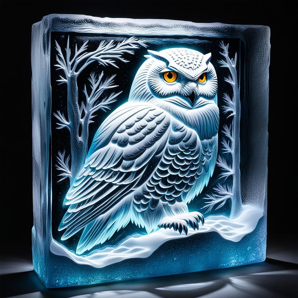 Snowy Owl Relief Carved in Ice with Prismatic Lighting