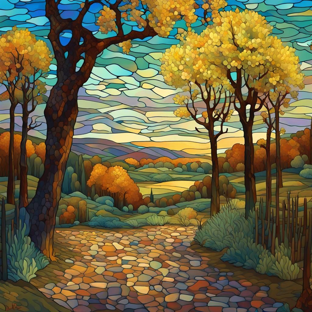 Dreamy Landscape Painting in Arts and Crafts Style