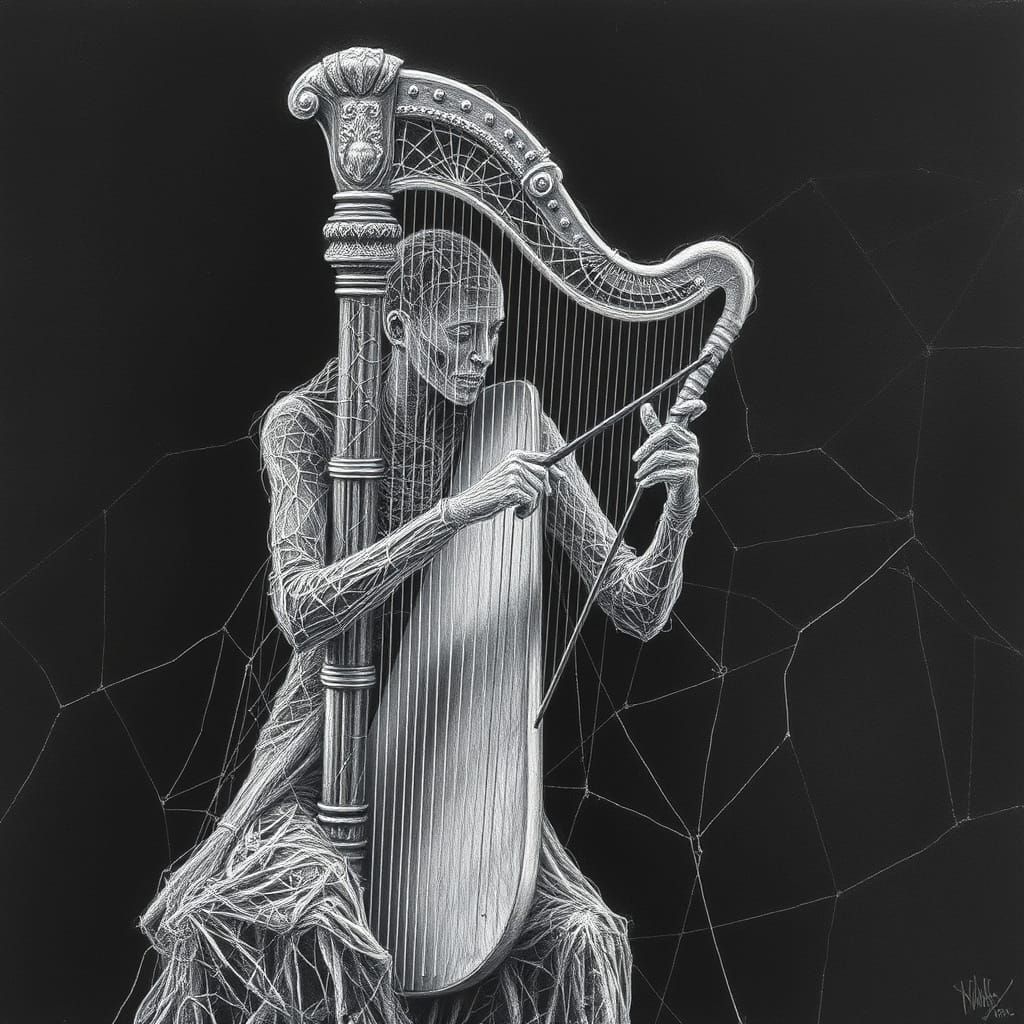 Spiderweb Harpist in Detailed Charcoal Style
